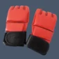 View of back of red leather MMA gloves, showing black leather wrist wrap.