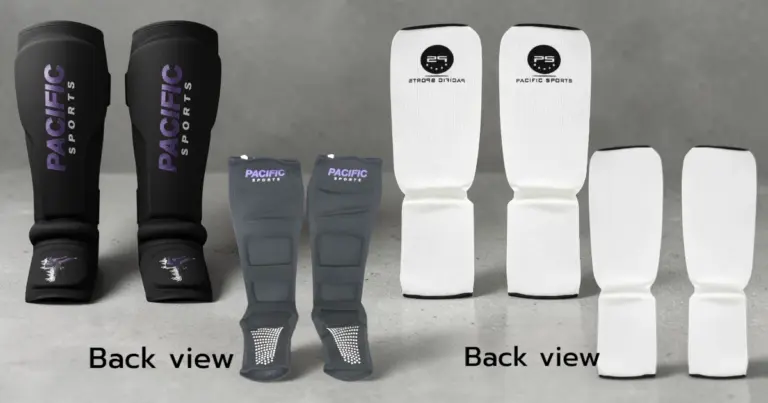 Image shows front and back view of kids shin guards suitable for martial arts