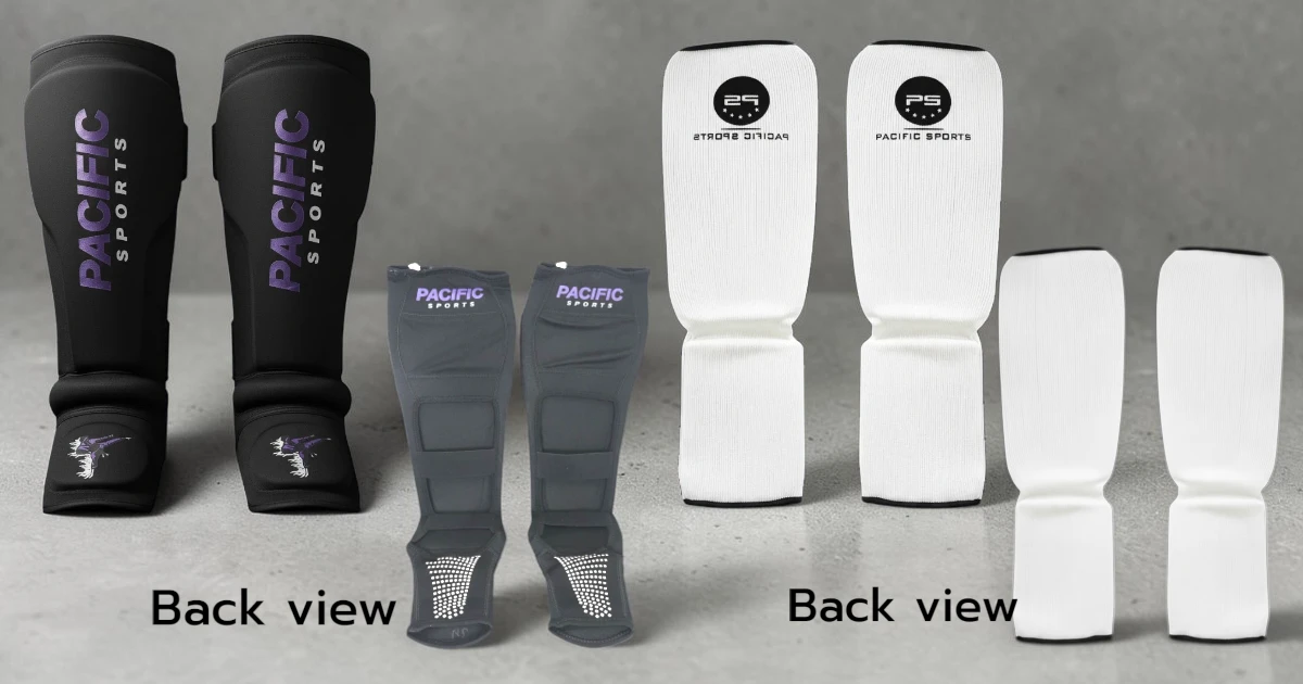 Image shows front and back view of kids shin guards suitable for martial arts