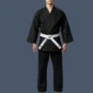Front view of man wearing black karate uniform.