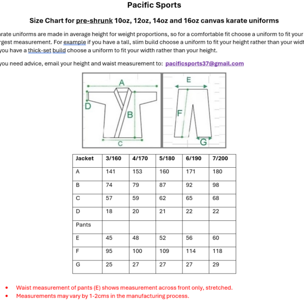 Size chart pre_shrunk canvas karate uniforms Size chart for 12oz black canvas karate gi