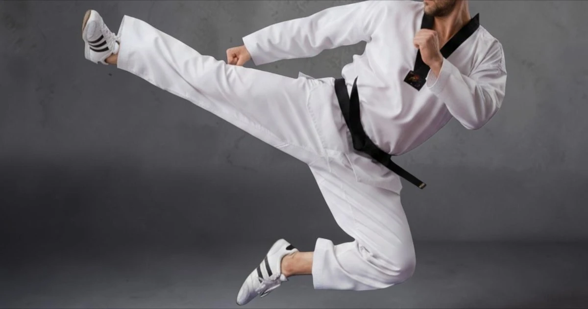 Image shows Taekwondo shoes worn by Taekwondo practitioner