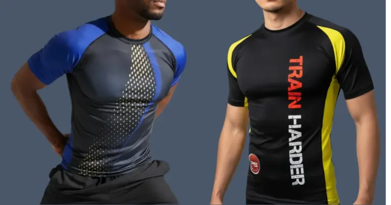 2 mean wearing rashguards made from lycra and spandex