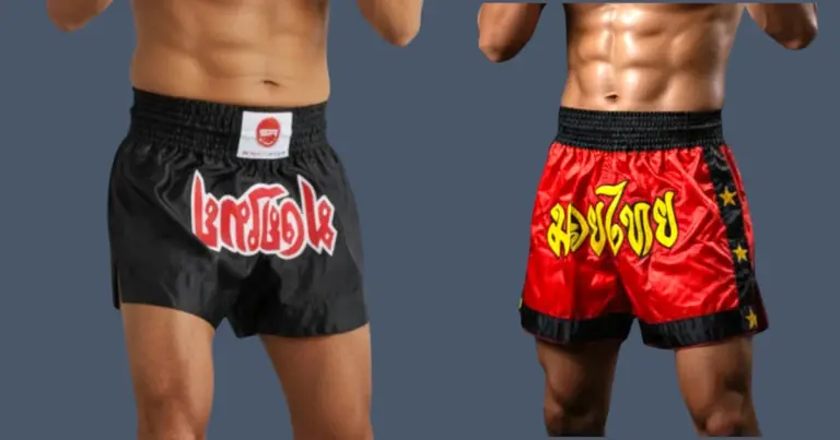 image shows 2 pairs kickboxing shorts worn by kickboxing practitioners