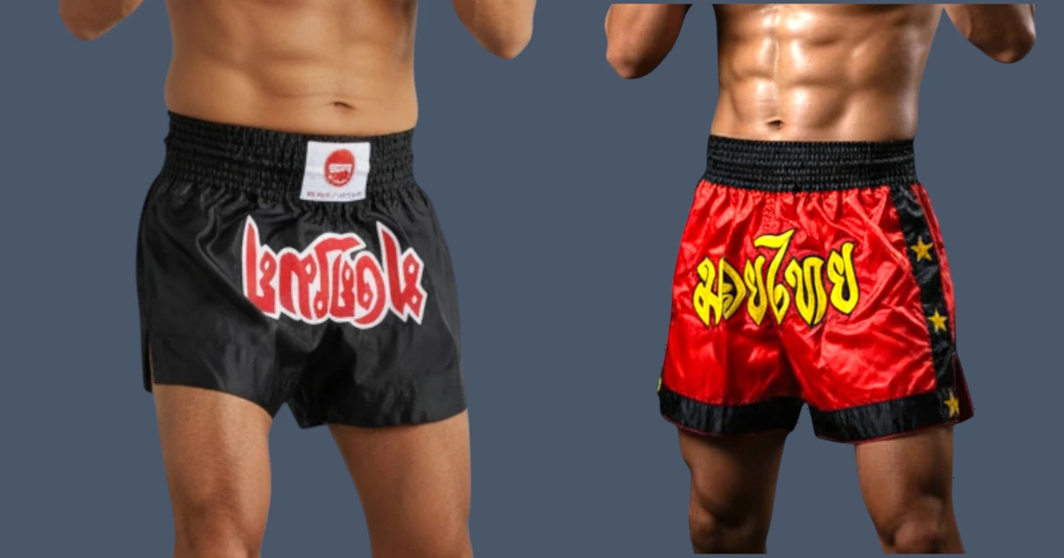 image shows 2 pairs kickboxing shorts worn by kickboxing practitioners