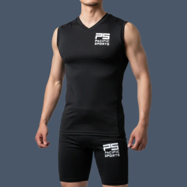 Front view of man wearing black compression tank top