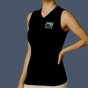 Front view of woman wearing black compression tank top