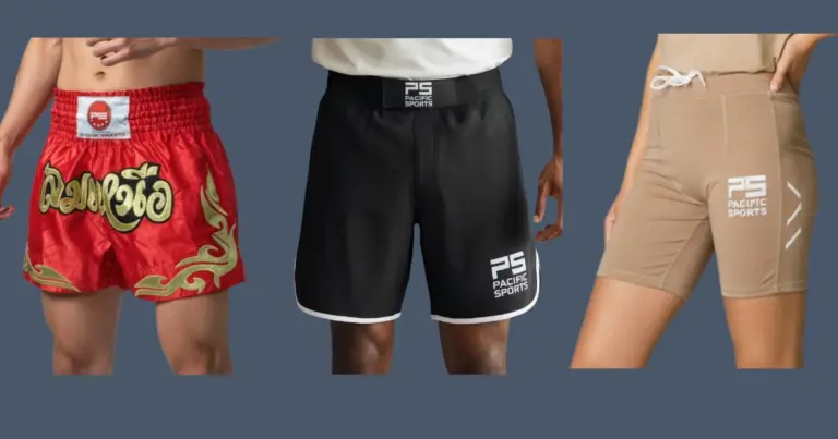 image shows front view of kickboxing, compressionand Muay Thai shorts