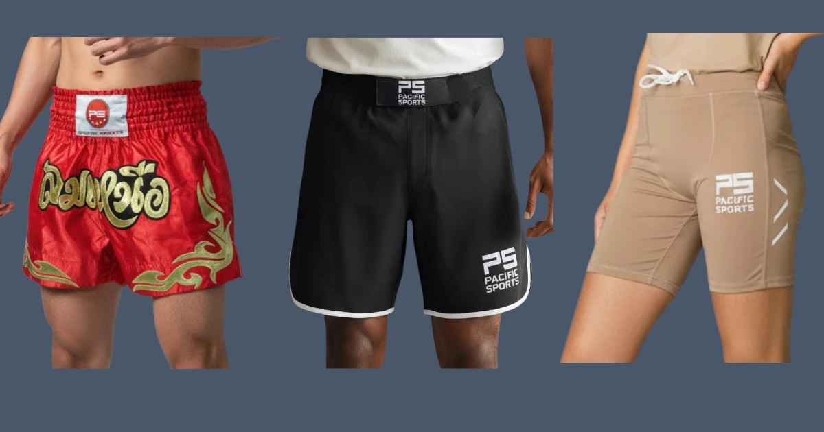 image shows front view of kickboxing, compressionand Muay Thai shorts