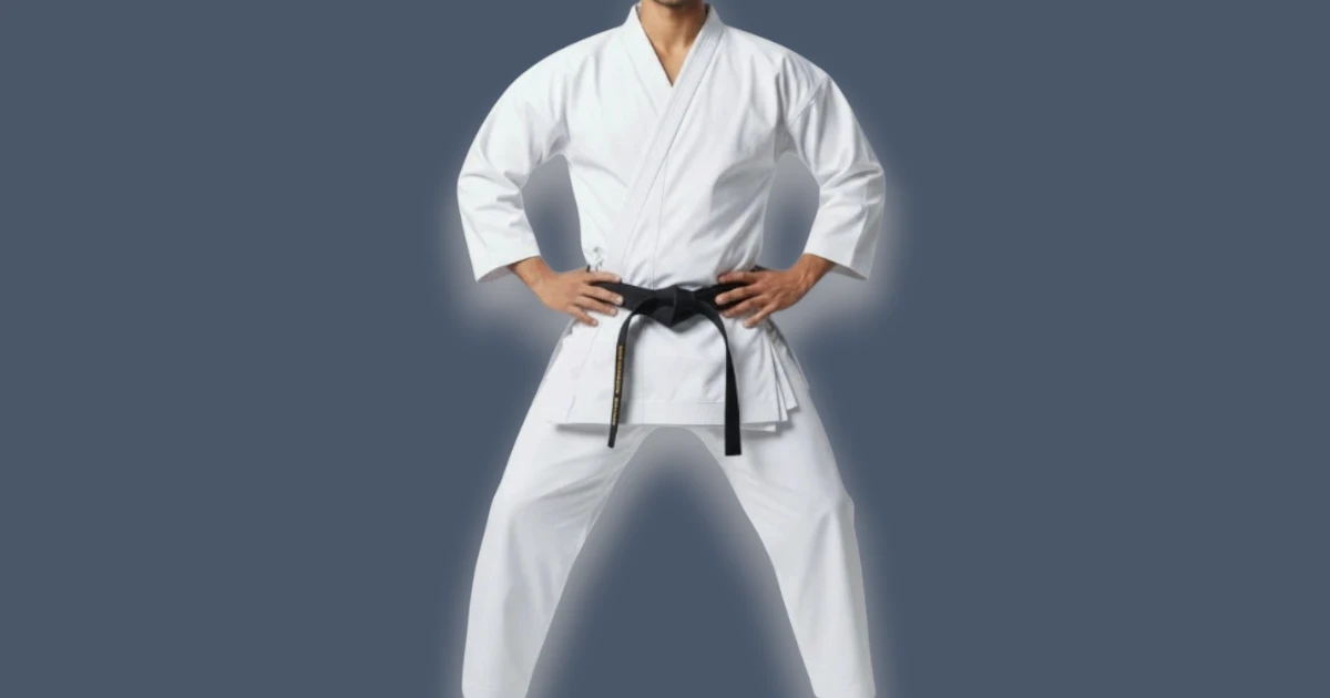 Image shows front view of male wearing European cut karate uniform