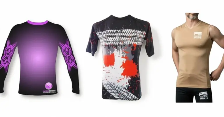 Image of 2 rashguards and a compresssion tank top on right.