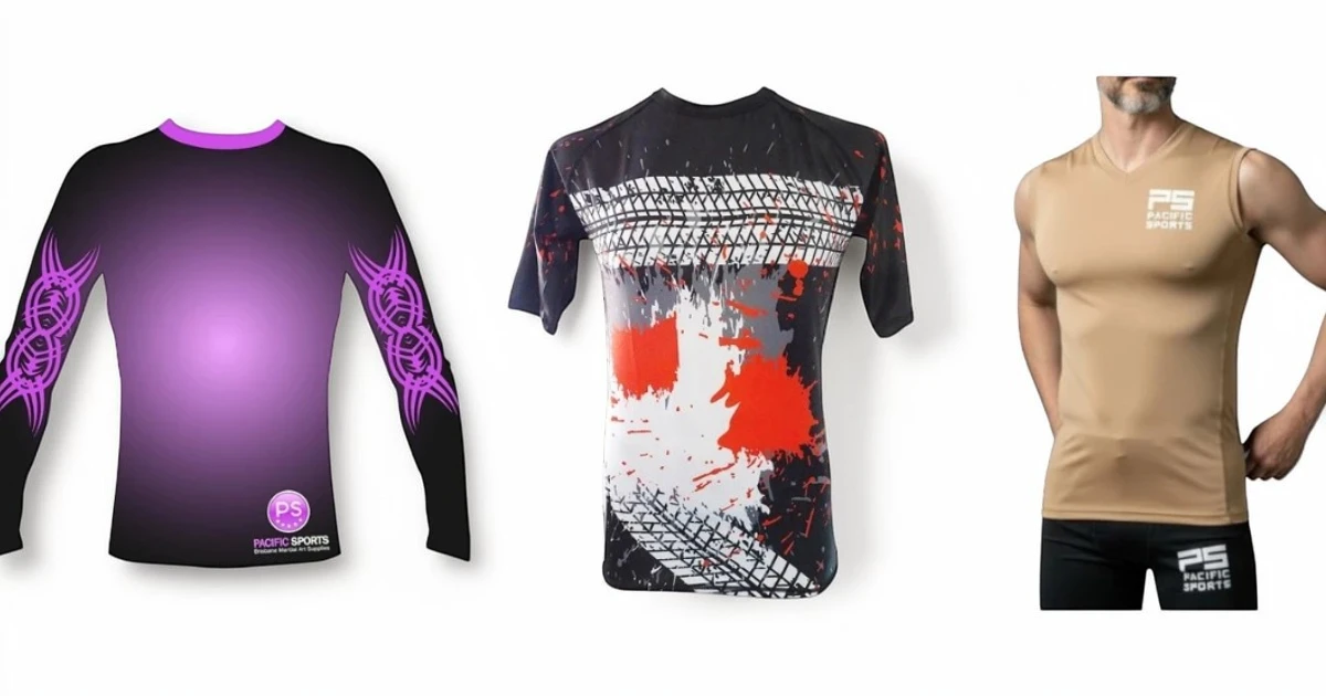 Image of 2 rashguards and a compresssion tank top on right.