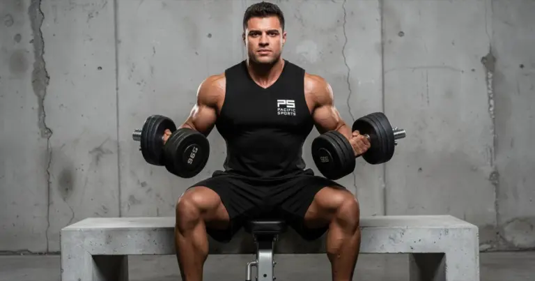 Image shows man weight training while wearing compression tanktop