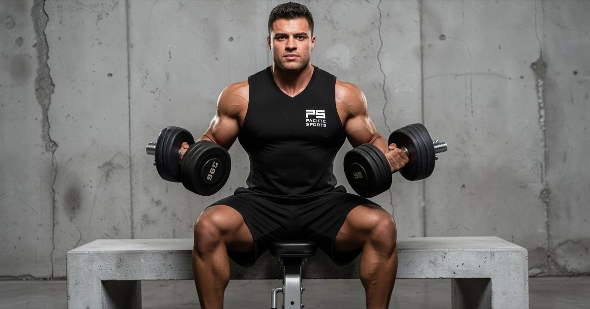 Image shows man weight training while wearing compression tanktop