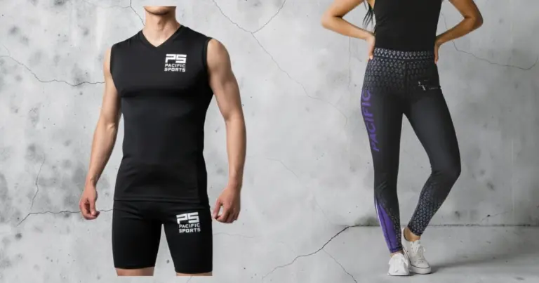 Image shows compression shorts, tops and pants worn by male and female models