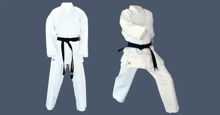 Front view of a lightweight and a heavyweight karate uniform