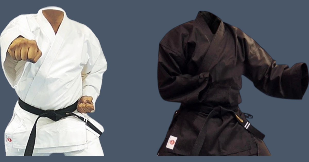 Image shows front view of a white karate jacket and a black karate jacket