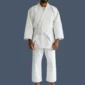 Man wearing a white karate uniform made in 10oz polyester and cotton fabric.