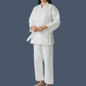 Side front view of woman wearing white, 10oz polyester and cotton karate uniform.