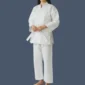 Side front view of woman wearing white, 10oz polyester and cotton karate uniform.