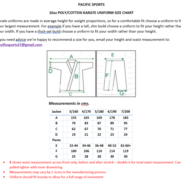 Size chart 10oz poly cotton gi size chart for 10oz polyester and cotton blend karate uniform