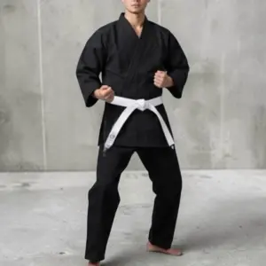 Man wearing black cotton karate uniform
