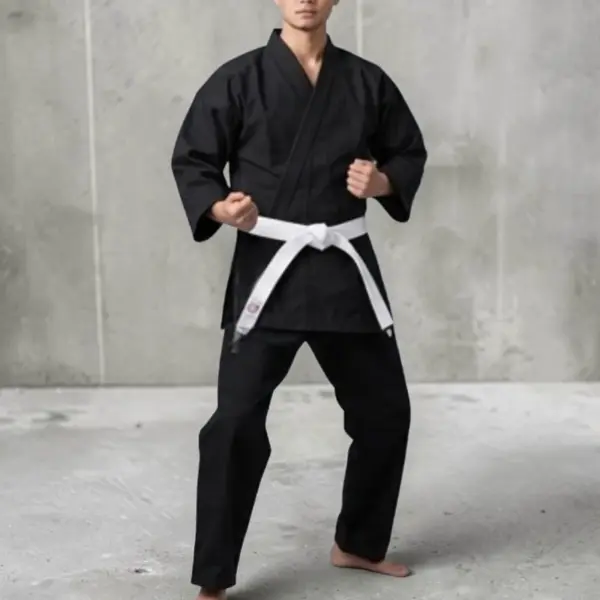 Man wearing black cotton karate uniform
