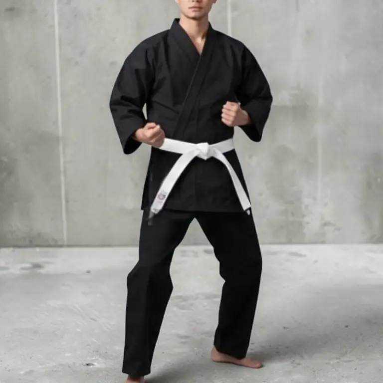 Man wearing black cotton karate uniform