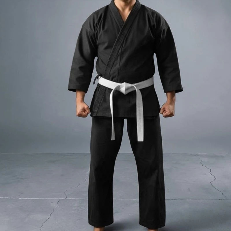 Man wearing black cotton karate gi